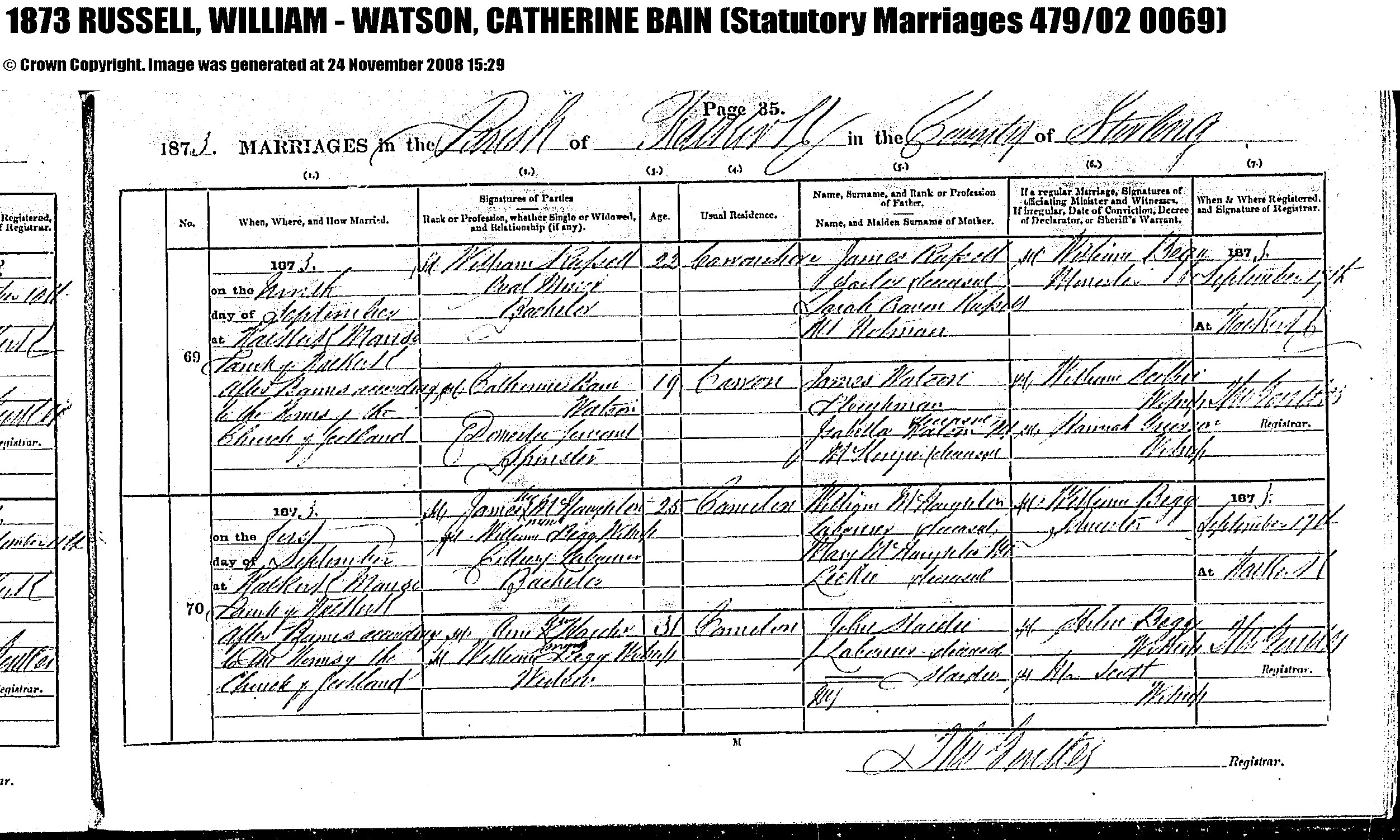 Marriage Certificate 1873 William RUSSELL & Catherine Bain WATSON, September 9, 1873, Linked To: <a href='i932.html' >Catherine Bain Watson</a>